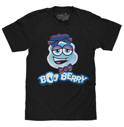 Black 100% cotton T-shirt with colorful Boo Berry character graphic on chest