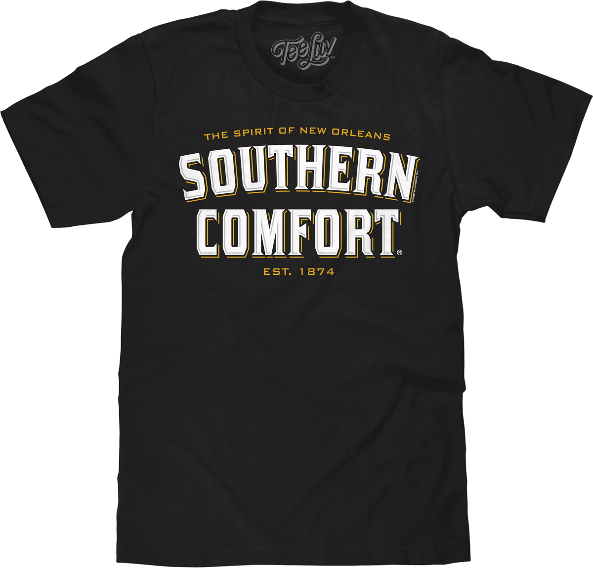 Black T-shirt with Southern Comfort logo graphic and “Est. 1874” chest print