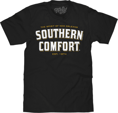 Black T-shirt with Southern Comfort logo graphic and “Est. 1874” chest print