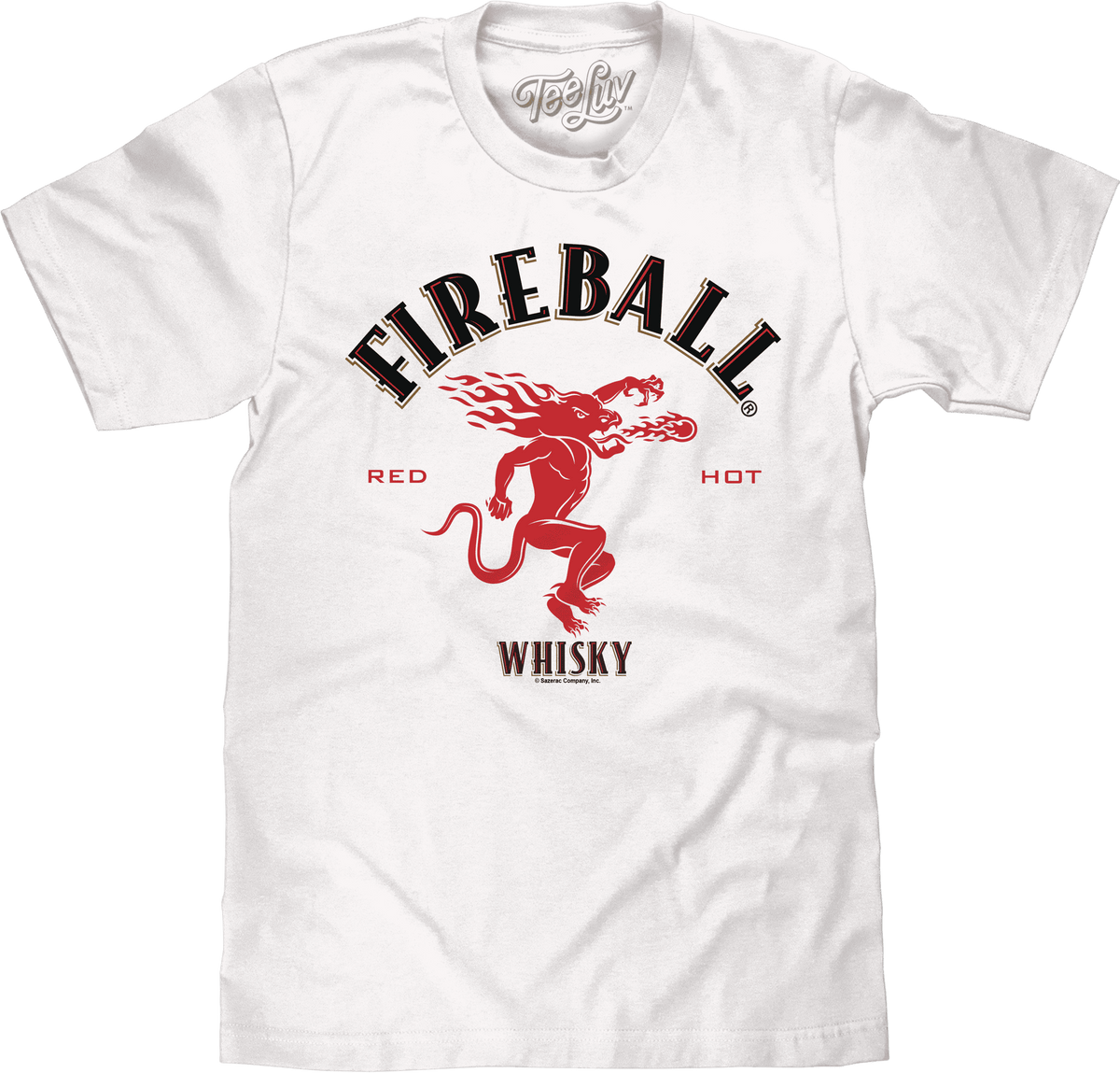 White T-shirt with red Fireball Whisky dragon graphic and “Fireball” text on chest