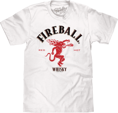 White T-shirt with red Fireball Whisky dragon graphic and “Fireball” text on chest