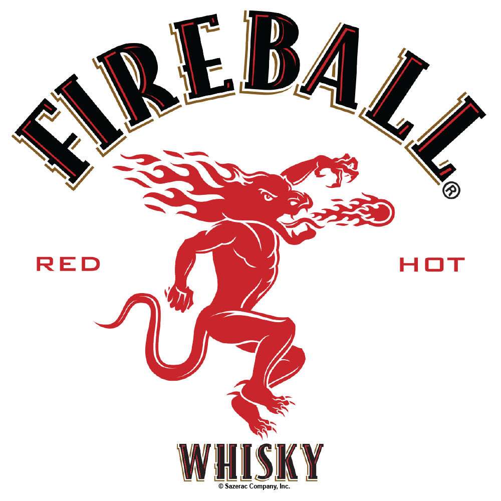 White T-shirt front graphic: red dragon with “FIREBALL” and “WHISKY” text