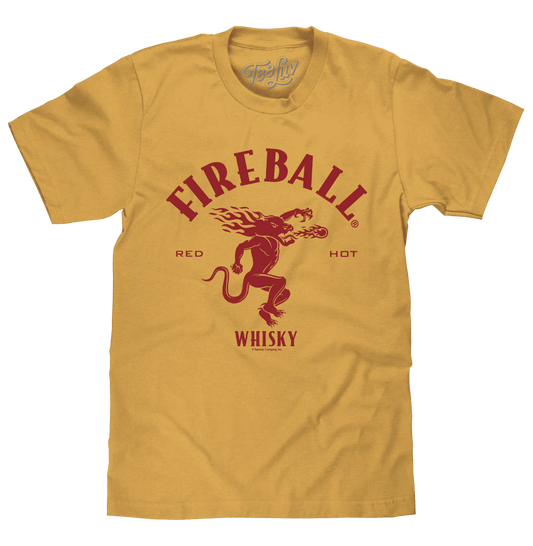 Mustard yellow T-shirt with red Fireball whisky dragon graphic and TeeLiv logo