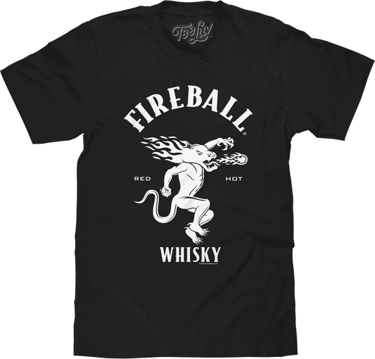 Black T-shirt with Fireball Whisky graphic showing red hot devil mascot and flames