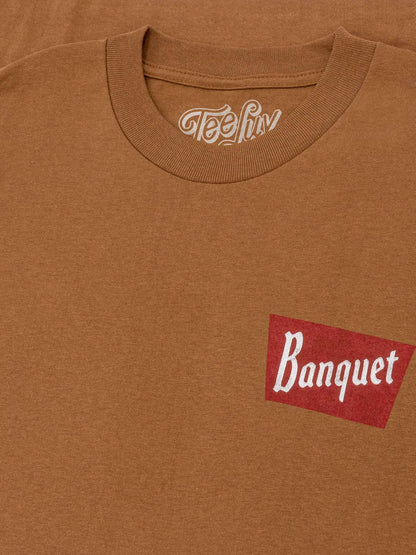 Brown T-shirt neckline with Tee Luv logo and Banquet chest patch