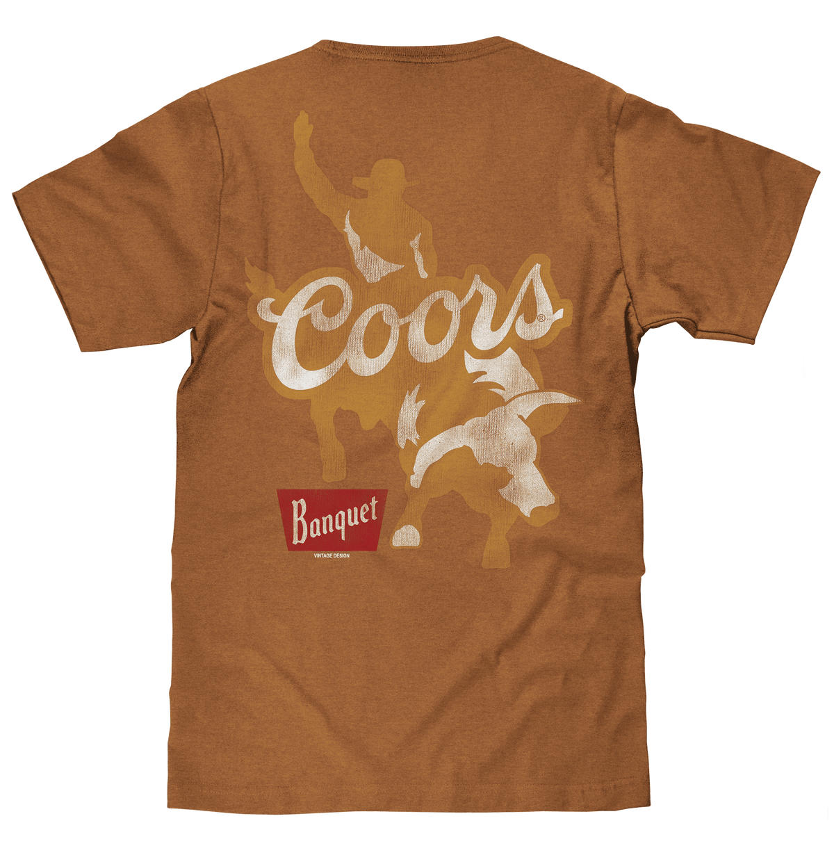 Brown T-shirt with large back Coors logo and rider silhouettes over Banquet badge