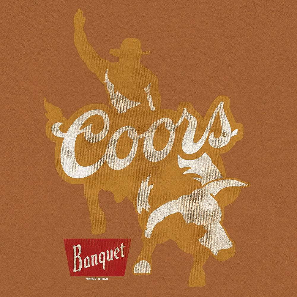 Close-up of brown T-shirt print with Coors text, rider silhouette, and Banquet label