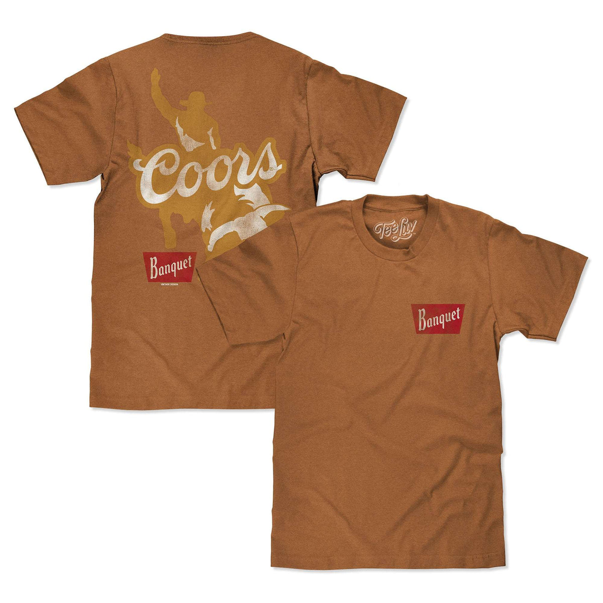 Two brown T-shirts shown together: one front Banquet logo, one back Coors design