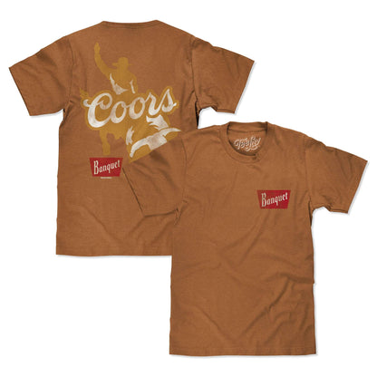 Two brown T-shirts shown together: one front Banquet logo, one back Coors design