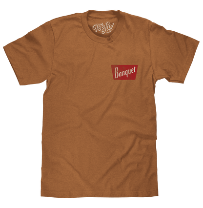 Brown T-shirt with small front logo and rectangular Banquet graphic on chest