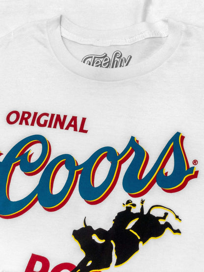 White crew-neck T-shirt close-up with 'Original' and large rodeo logo graphic