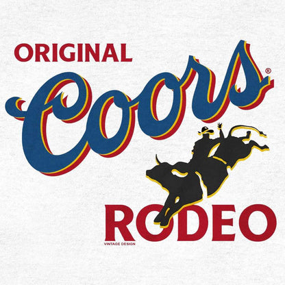 White crew-neck T-shirt with large Coors rodeo logo and mounted horse riders