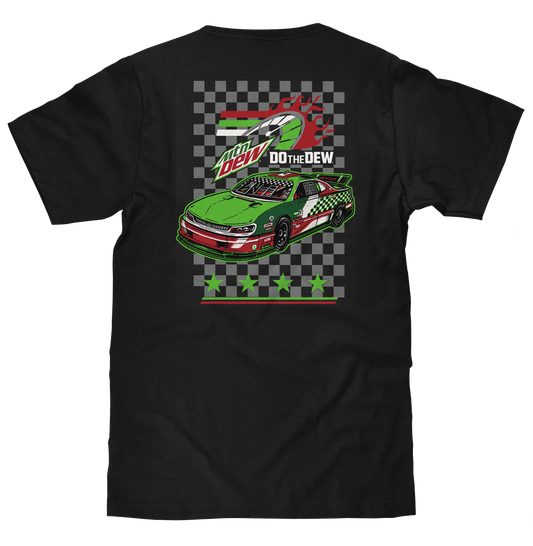 Black T-shirt with large back car graphic and checkered “Do the Dew” design