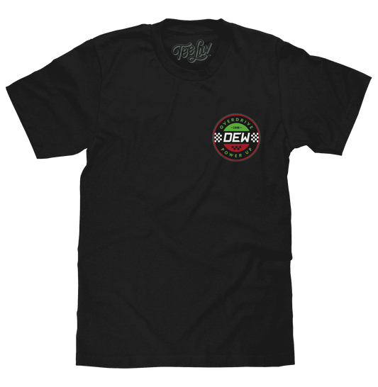 Black T-shirt with small circular DEW logo on the chest
