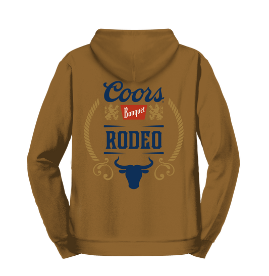 Brown pullover hoodie with Coors Banquet Rodeo graphic on front