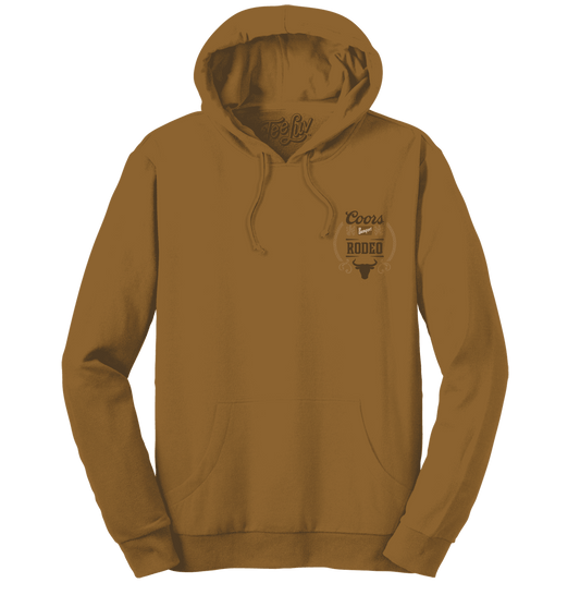 Brown pullover hoodie with hood, drawstrings, front pocket, and Coors Rodeo graphic