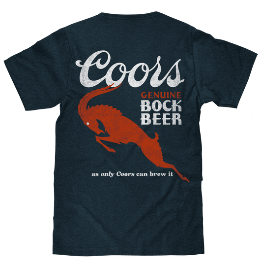 Men's dark denim heather T-shirt with back graphic: Coors Genuine Bock Beer