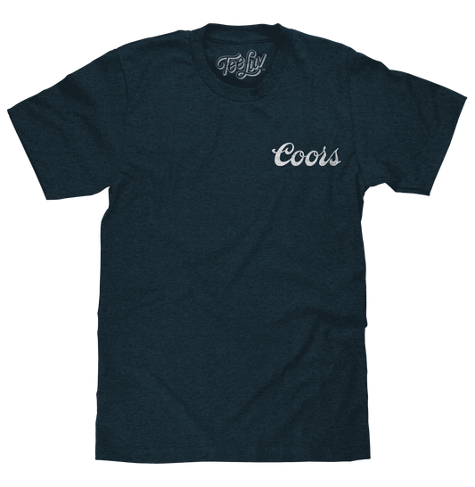 Men's distressed Coors T-shirt in dark denim black heather, front logo print