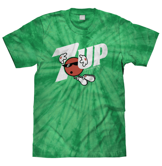 Kelly green tie-dye T-shirt with 7UP spider logo graphic on front