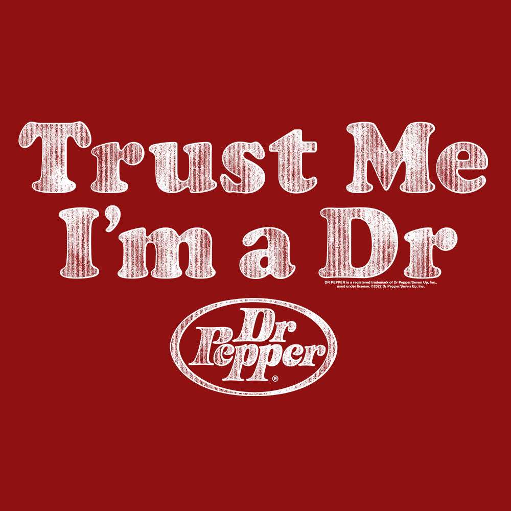 Cardinal red T-shirt with “Trust Me I’m a Dr” text and Dr Pepper oval logo