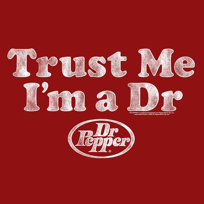Cardinal red T-shirt with “Trust Me I’m a Dr” text and Dr Pepper oval logo