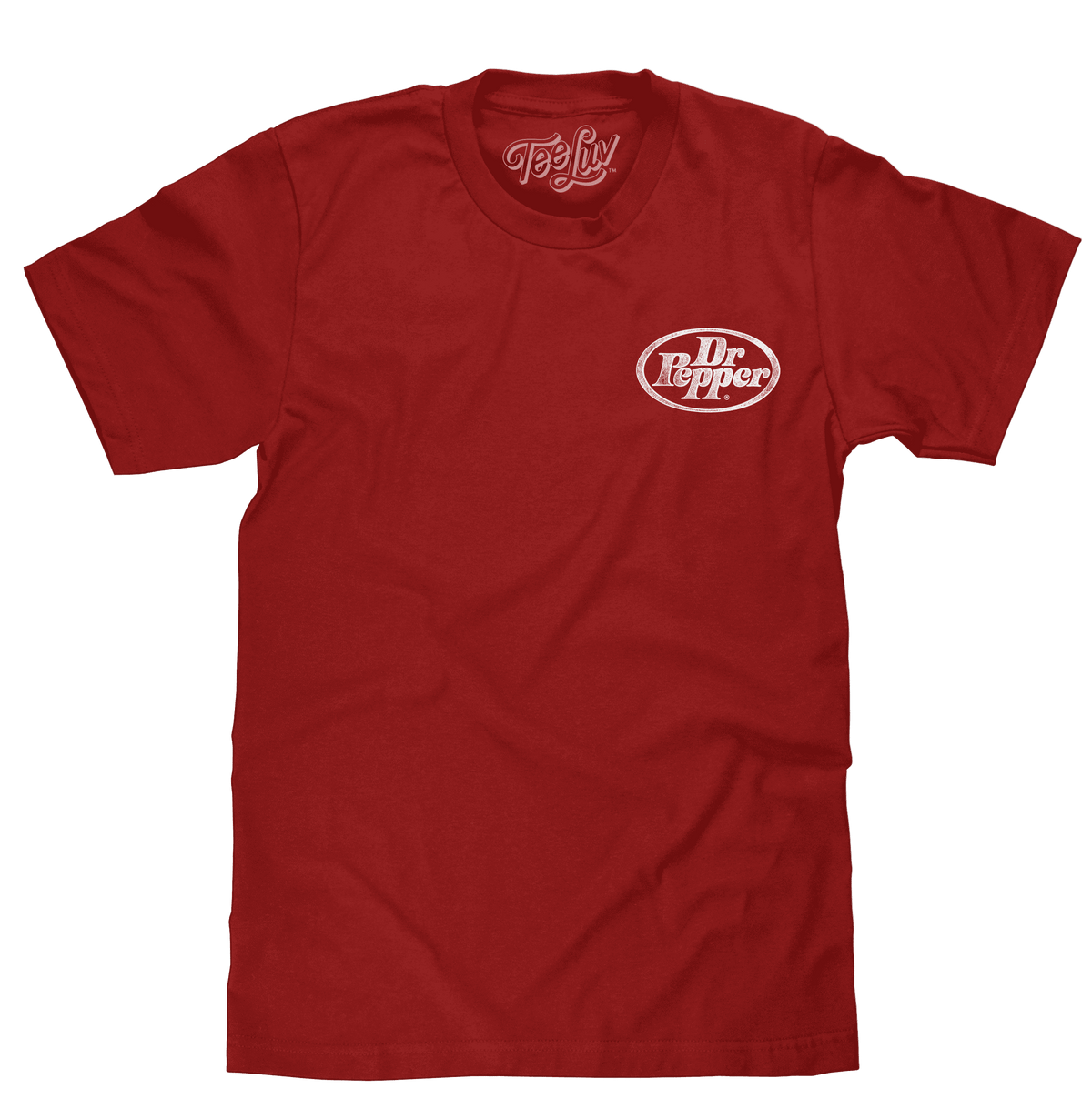 Cardinal red T-shirt with Dr Pepper chest logo and TeLuv logo at neckline