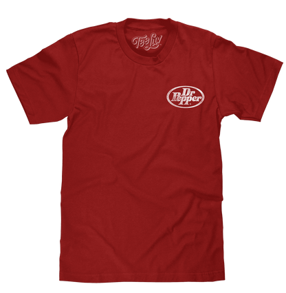 Cardinal red T-shirt with Dr Pepper chest logo and TeLuv logo at neckline