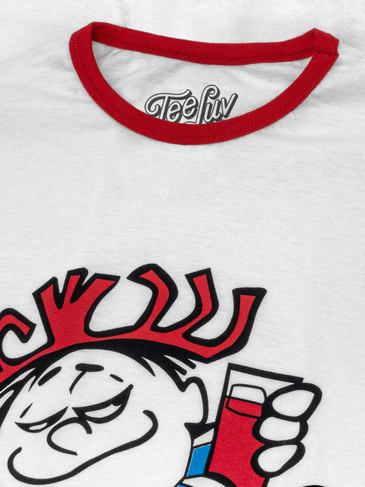 White T-shirt with red ringer collar and TeeLuv neckline logo