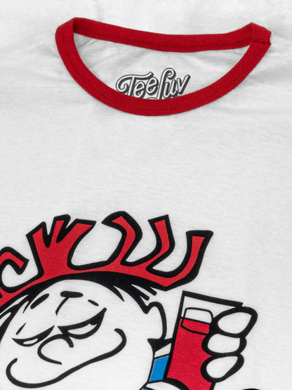 White T-shirt with red ringer collar and TeeLuv neckline logo