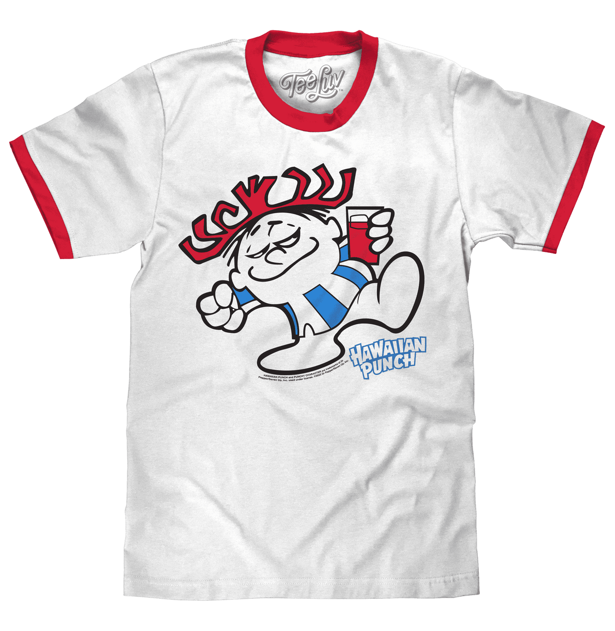 White ringer T-shirt with red collar and Hawaiian Punch cartoon graphic