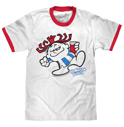White ringer T-shirt with red collar and Hawaiian Punch cartoon graphic