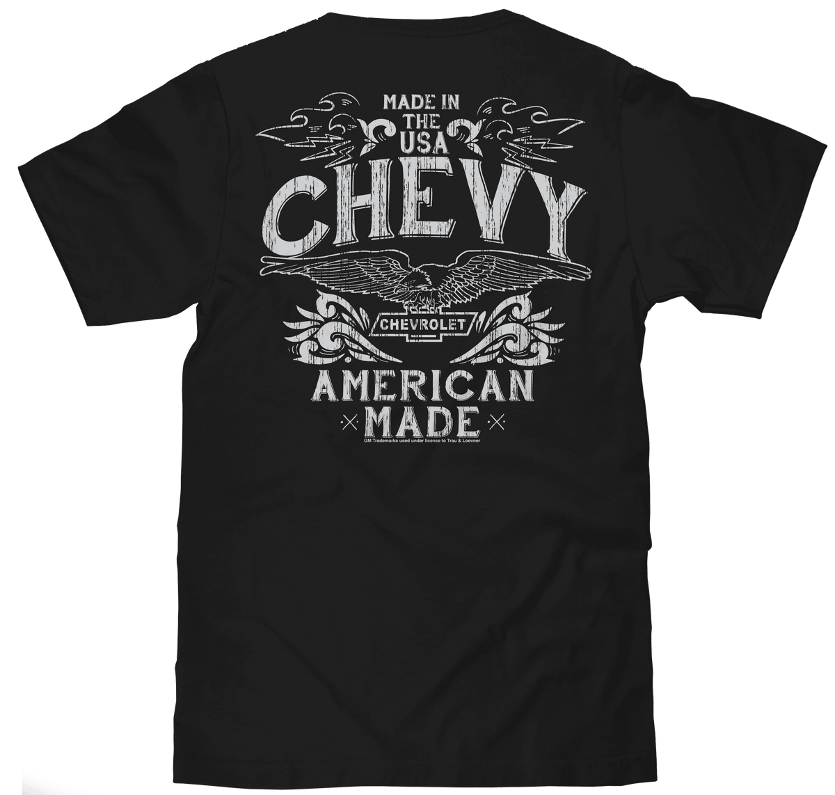 Black Chevrolet T-shirt with back graphic text: MADE IN THE USA CHEVY AMERICAN MADE