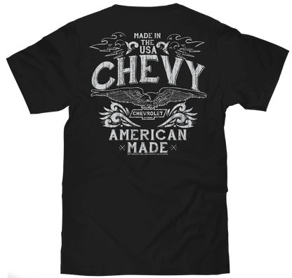 Black Chevrolet T-shirt with back graphic text: MADE IN THE USA CHEVY AMERICAN MADE