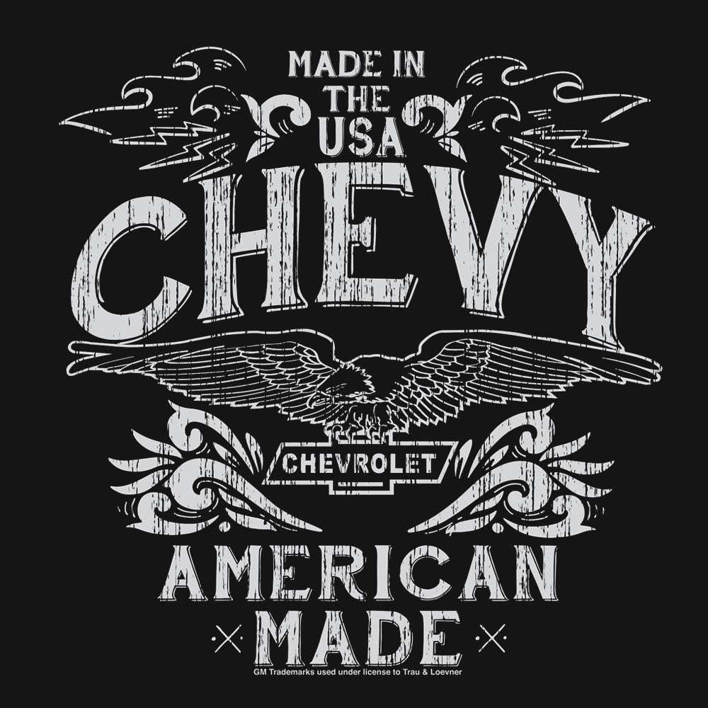 Black Chevrolet T-shirt with large back graphic: MADE IN THE USA CHEVY AMERICAN MADE