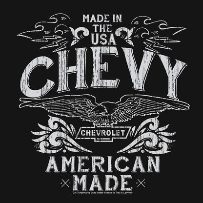 Black Chevrolet T-shirt with large back graphic: MADE IN THE USA CHEVY AMERICAN MADE