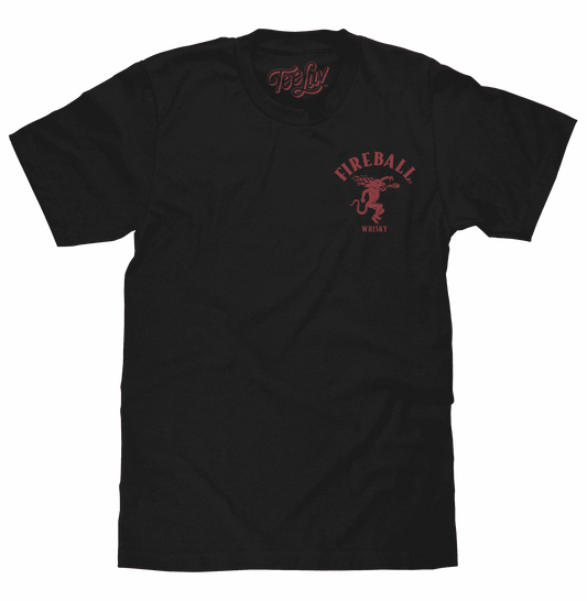 Black crew-neck T-shirt with small red Fireball whisky dragon logo on chest