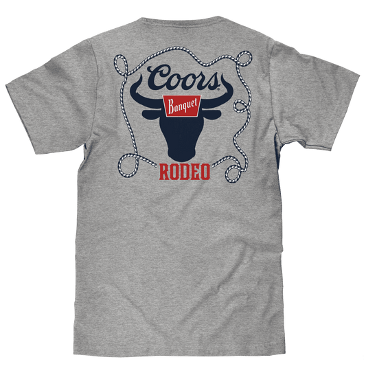 Athletic heather gray T-shirt with large back Coors Banquet Rodeo bull graphic