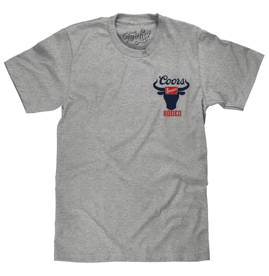 Athletic heather gray T-shirt with small Coors Banquet Rodeo chest graphic