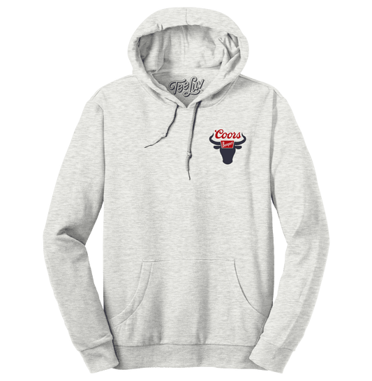 Ash gray pullover hoodie with Coors Banquet Rodeo logo on chest, hood and drawstrings
