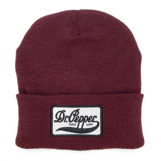 Burgundy knit cuffed beanie with embroidered Dr Pepper logo patch