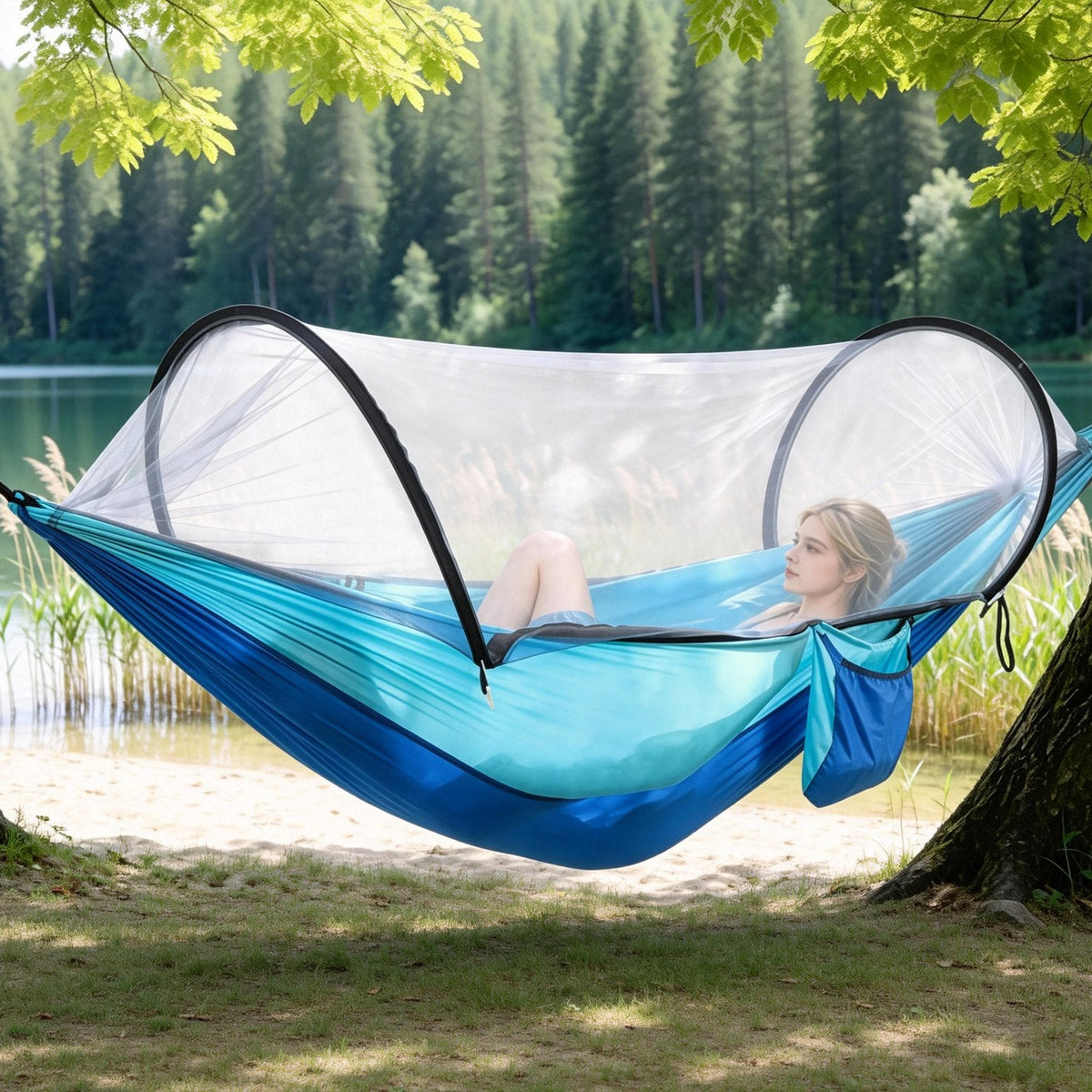 3-in-1 Camping Hammock with Mosquito Net – 440 lb Capacity, 70D Nylon | Pop-Up Net, Dual Zippers | 1.43 lbs | 3 Colors