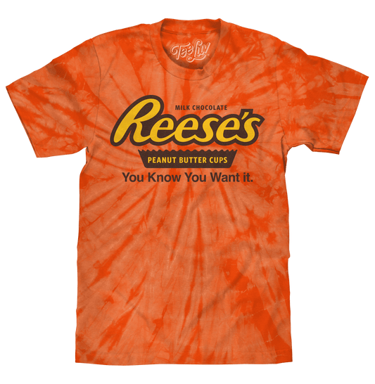 Orange spider tie-dye T-shirt with Reese's Peanut Butter Cups front graphic