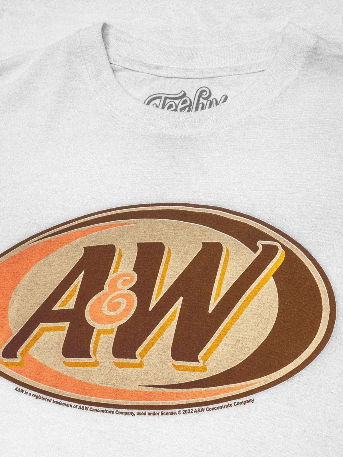 White A&W oval logo T-shirt graphic close-up
