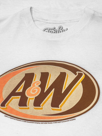 White A&W oval logo T-shirt graphic close-up