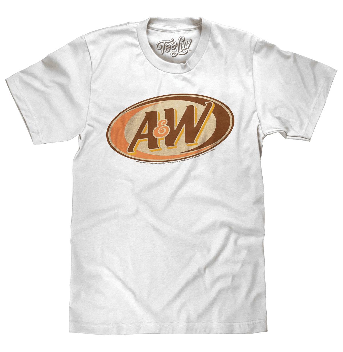 White vintage A&W oval logo T-shirt with TeeLuv chest graphic