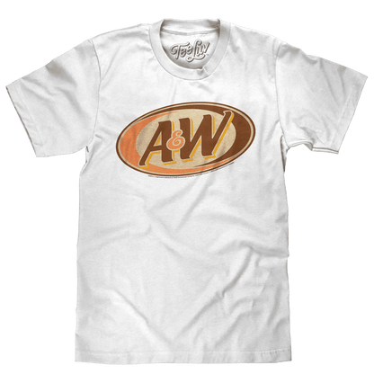 White vintage A&W oval logo T-shirt with TeeLuv chest graphic