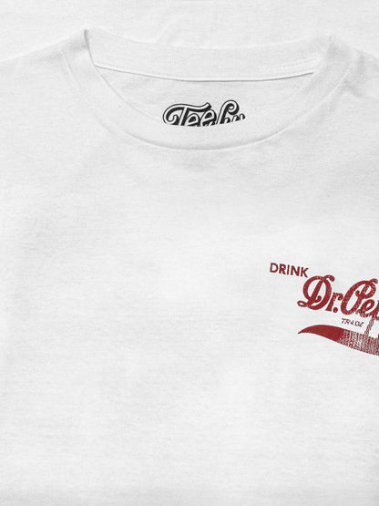 White T-shirt with Teeliv neck logo and partial red Dr Pepper print