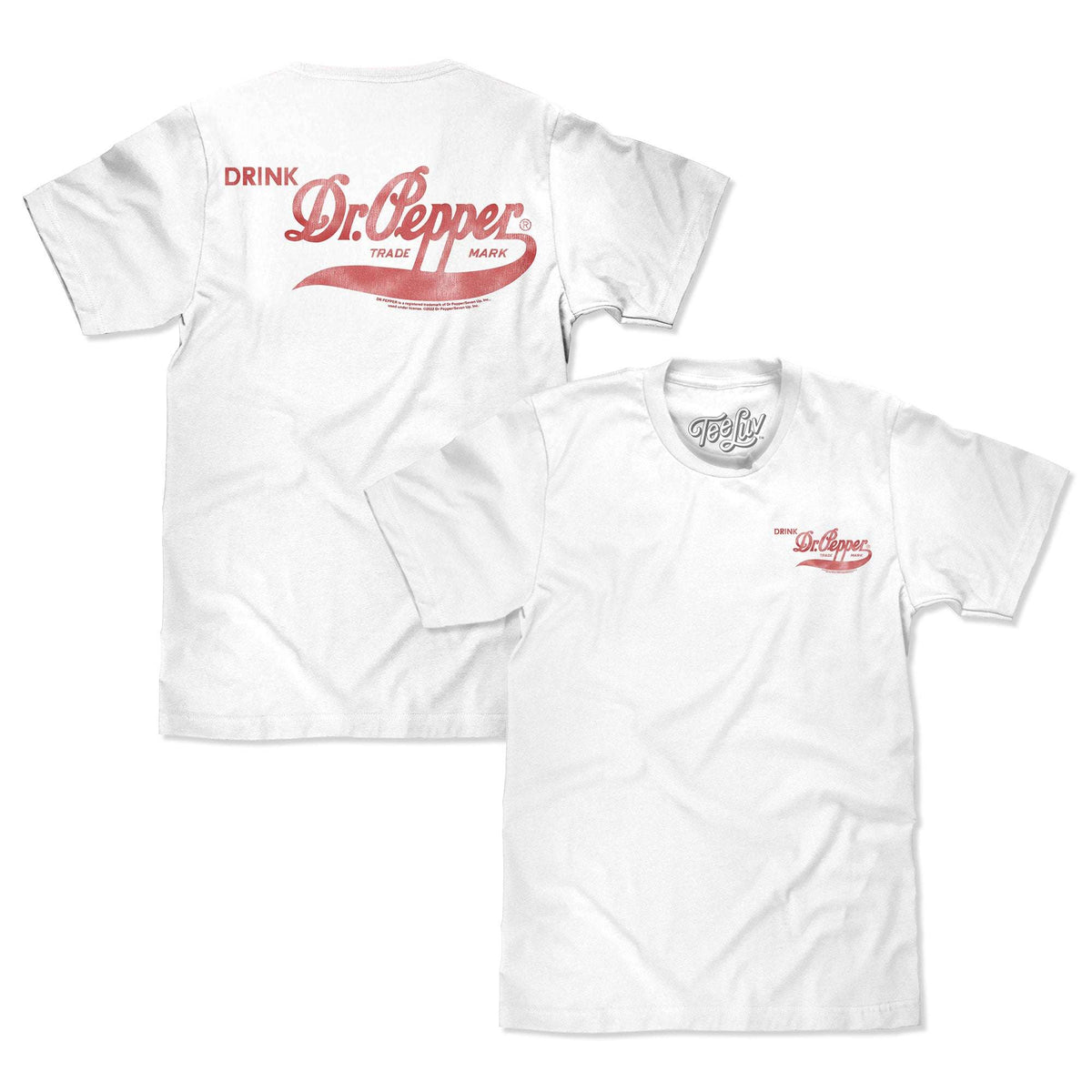 White Dr Pepper logo T-shirt set showing front chest and back graphics