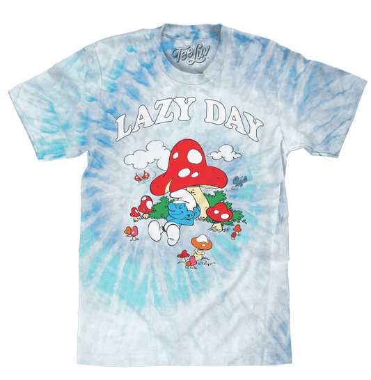 Kids' lagoon tie-dye T-shirt, 'Lazy Day' graphic with Smurf and mushrooms