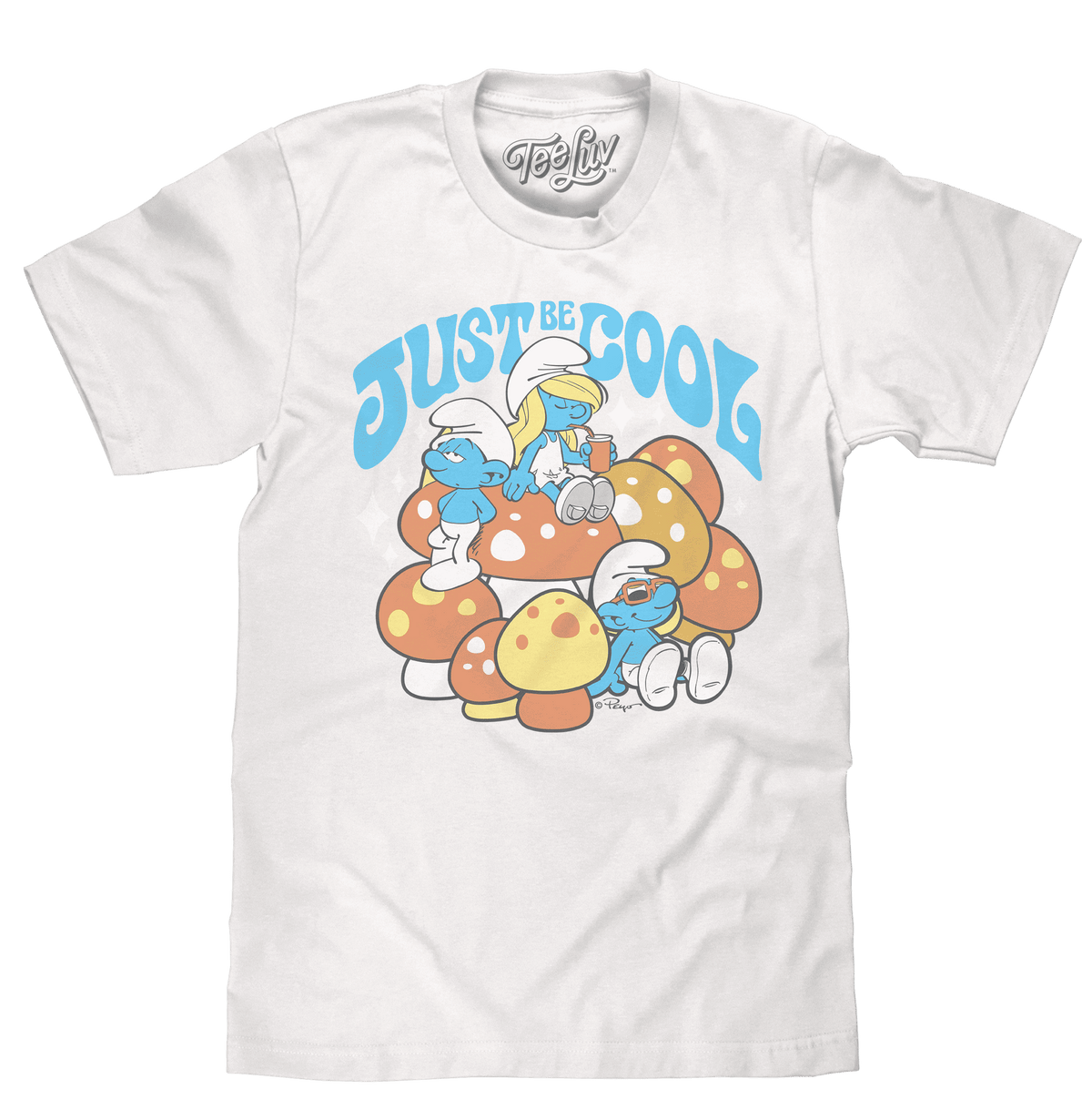 White crew-neck T-shirt with Smurfs “Just be cool” graphic